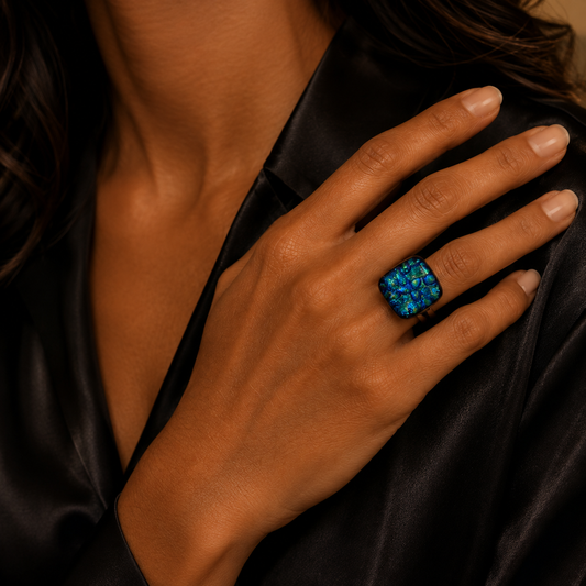 A close-up of a person's hand wearing a chunky square ring with a vibrant blue textured stone, set against a black satin robe.