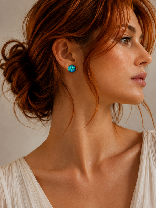 A close-up side profile of a woman with red hair in a bun, wearing a small round turquoise blue and green stone stud earring, against a neutral beige background.