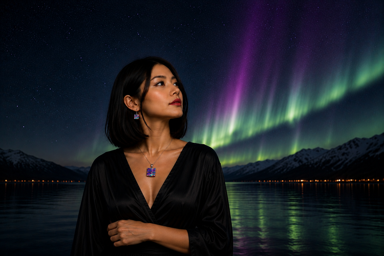 Model wearing handmade dichroic glass jewellery in teal and green Aurora Reset tones by Invoke London.