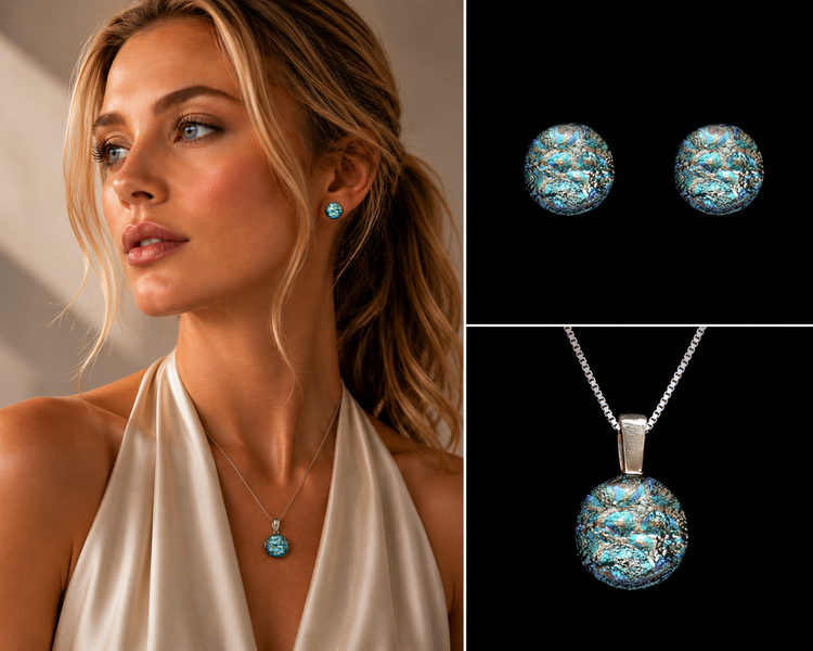 A woman wearing a silver necklace with a round textured light blue pendant, shown in a three-panel collage including a close-up of her ear with a matching stud earring.