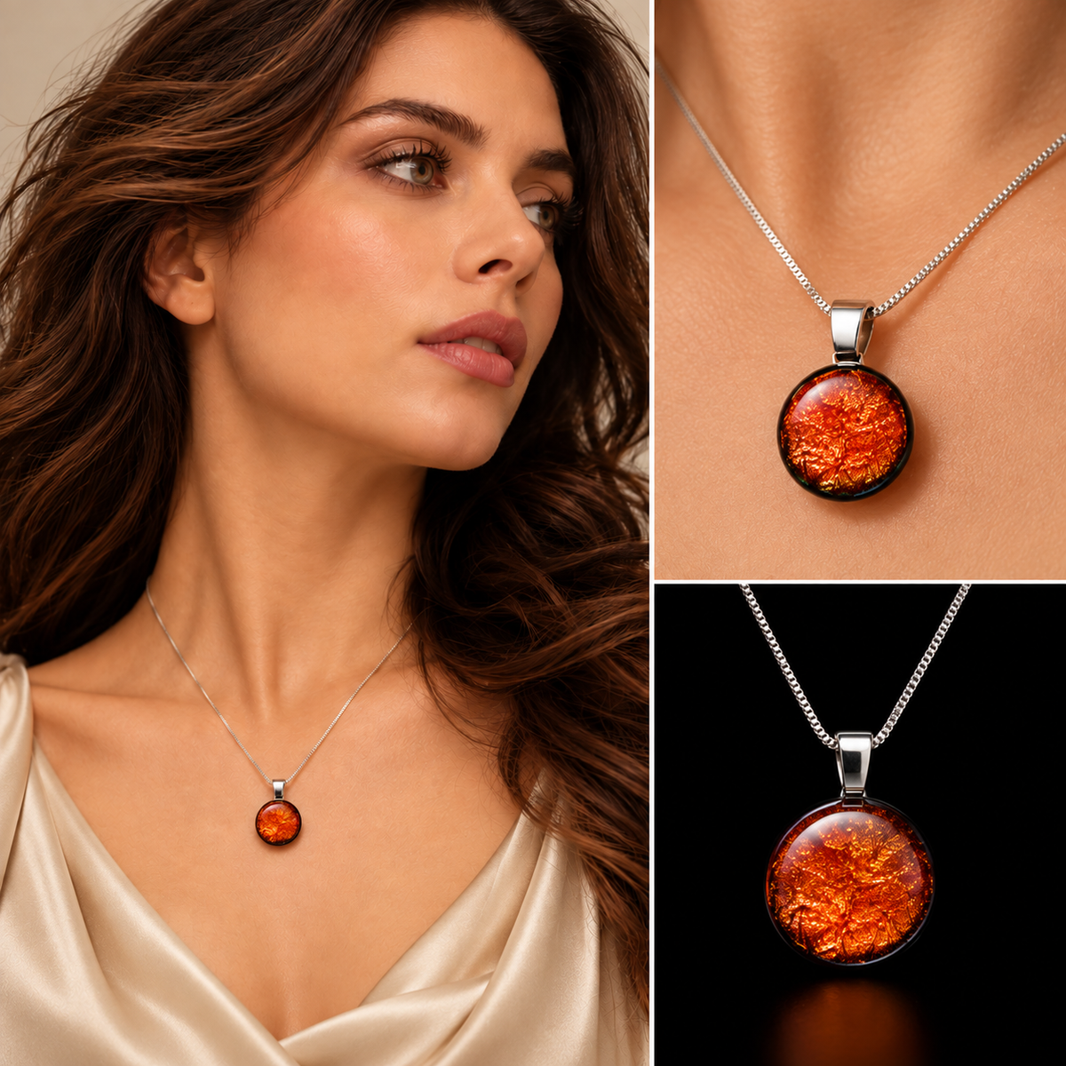 A silver pendant necklace with a round amber-orange cabochon, shown worn by a woman and in two close-up product views against skin and black background.