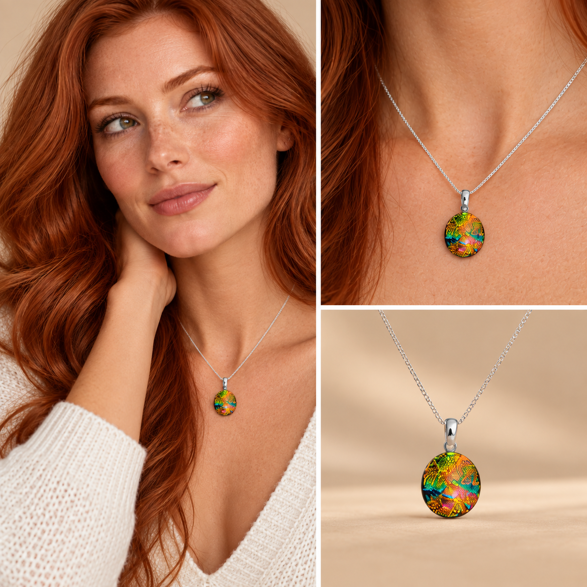 A collage showing a woman wearing a silver necklace with a colorful abstract oval pendant, plus two close-up views of the pendant on a neutral beige background.