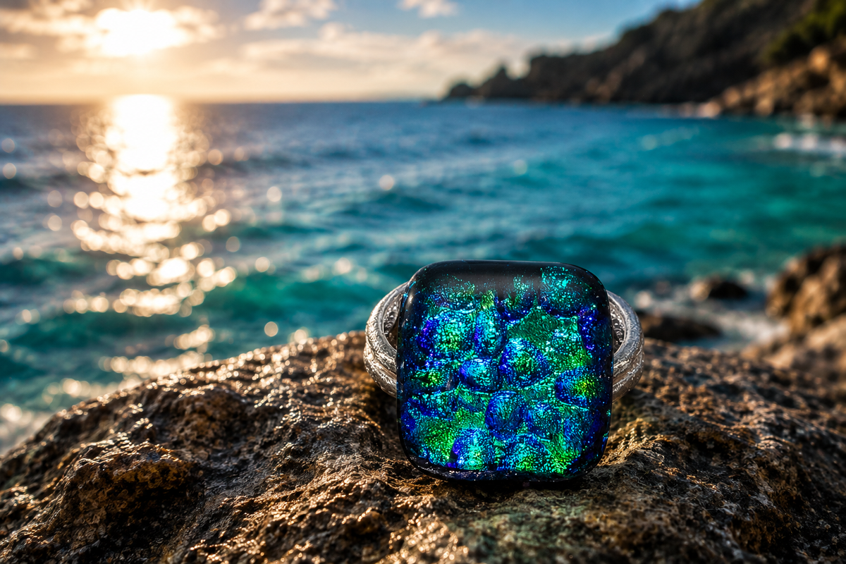 A square glass ring with a vibrant blue and green iridescent pattern sits on a rocky shore with the ocean and a sunset in the background.