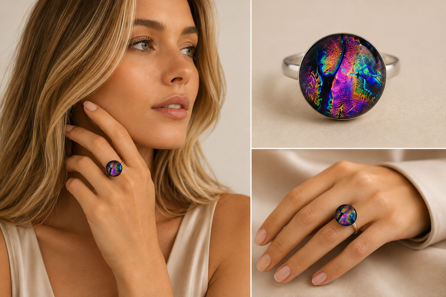A woman wearing a silver ring with a large, round, iridescent opal-like cabochon that shifts between purple, blue, green, and orange. The image is a three-panel collage showing a close-up of the model, a clean product shot of the ring, and a hand-only view of the ring.