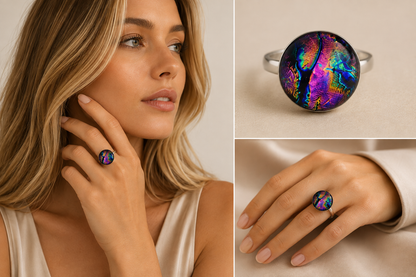 A woman wearing a silver ring with a large, round, iridescent opal-like cabochon that shifts between purple, blue, green, and orange. The image is a three-panel collage showing a close-up of the model, a clean product shot of the ring, and a hand-only view of the ring.