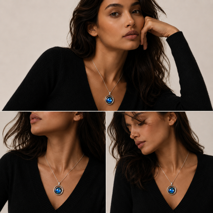 A three-panel collage shows a woman modeling a silver-toned necklace with a round blue evil eye pendant. She is wearing a black V-neck top against a plain light beige studio background.