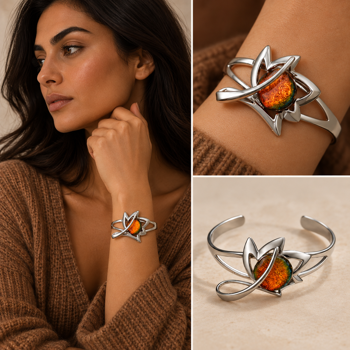 A silver-toned cuff ring with a leaf motif and a central iridescent orange-green stone, shown worn on a woman's wrist alongside two close-up product views on a neutral background.