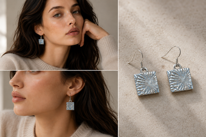 Silver square drop earrings with a textured sunburst pattern, shown worn by a model in a cream sweater and displayed on a neutral textured surface.
