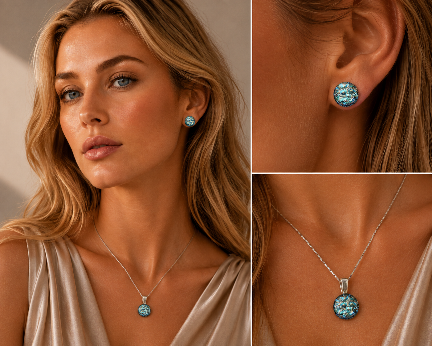A woman wearing a silver necklace with a round textured light blue pendant, shown in a three-panel collage including a close-up of her ear with a matching stud earring.