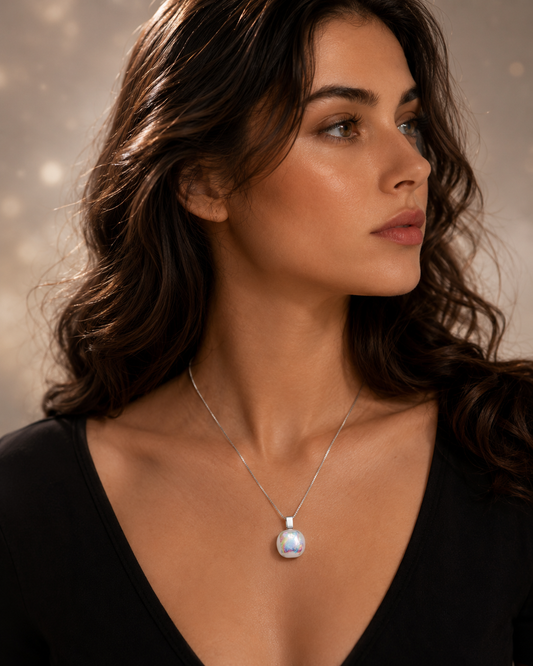 A woman with long wavy brown hair wearing a delicate silver chain necklace with a round white pearl pendant, dressed in a black V-neck top against a warm, softly blurred background.