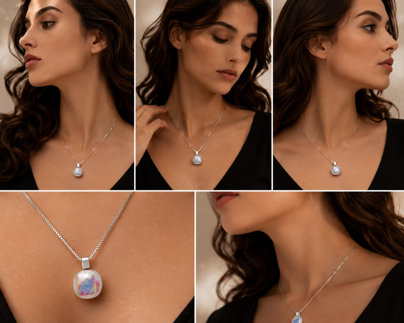 A five-panel collage showing a woman wearing a delicate silver chain necklace with a round iridescent white pendant that shifts between blue, pink, and purple hues. The panels include full-body shots, close-ups of the necklace, and a detailed view of the pendant.