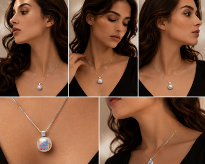 A five-panel collage showing a woman wearing a delicate silver chain necklace with a round iridescent white pendant that shifts between blue, pink, and purple hues. The panels include full-body shots, close-ups of the necklace, and a detailed view of the pendant.