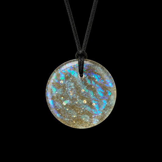 A round iridescent opal pendant necklace on a black cord, shown against a solid black background.