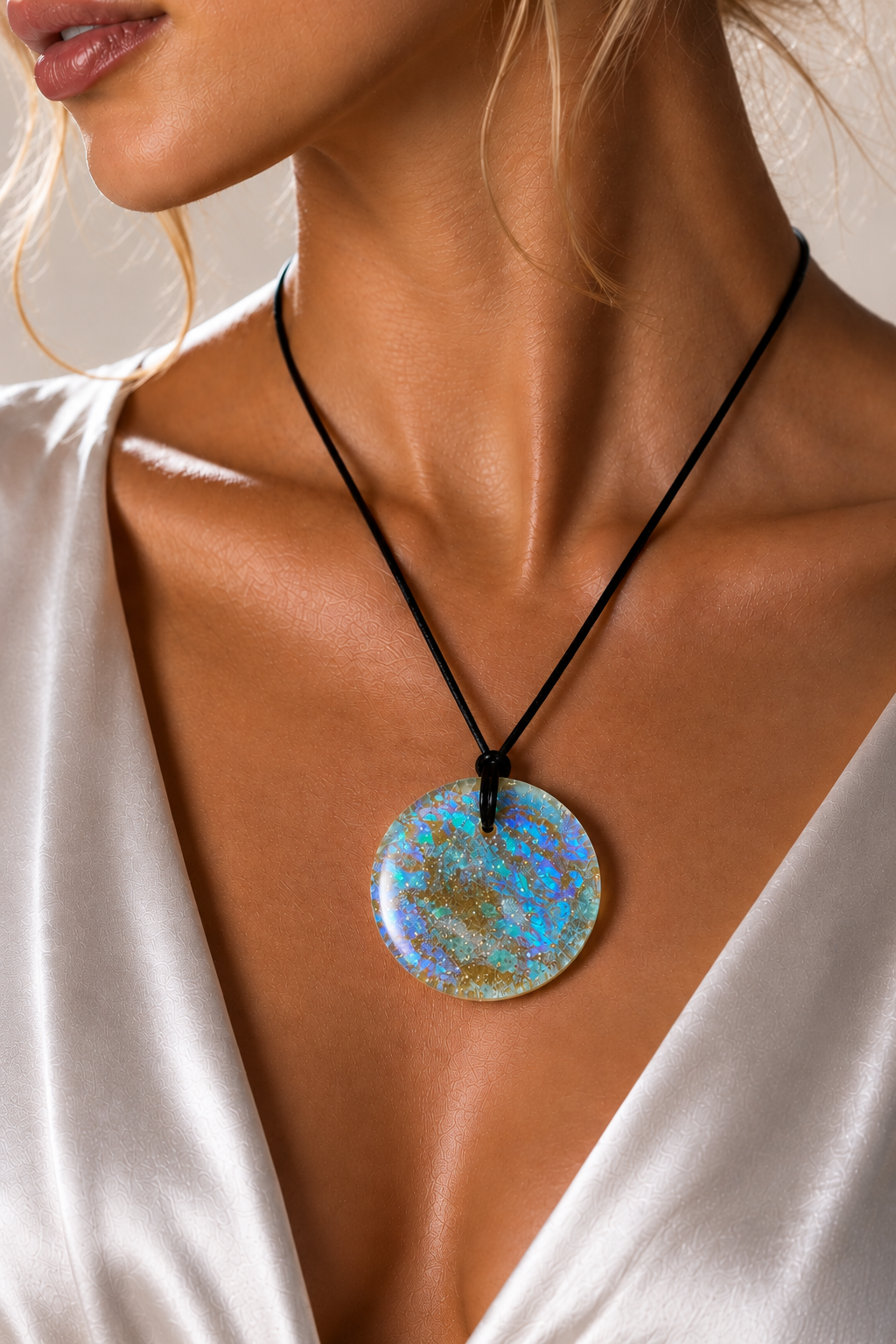 A close-up of a woman wearing a round iridescent pendant necklace on a black cord. The pendant displays shimmering blue, green, and gold opalescent patterns, worn against a white satin top.