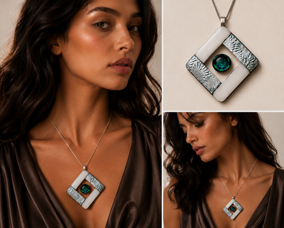 A three-panel collage showing a woman wearing a geometric pendant necklace, with two close-up views of the necklace and one wider portrait. The necklace has a silver-toned square frame with textured silver side panels, a white center panel, and a round dark green cabochon stone in the middle, suspended on a silver chain.