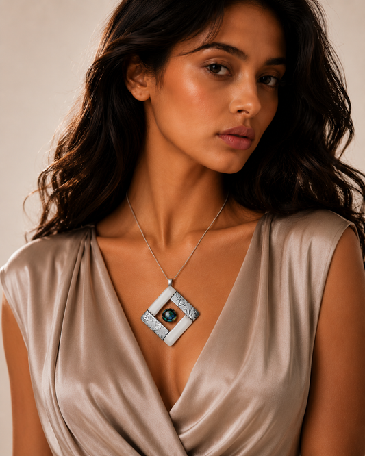 A woman wearing a silver-toned geometric pendant necklace with a blue and green stone center, styled with a champagne satin top against a neutral beige background.