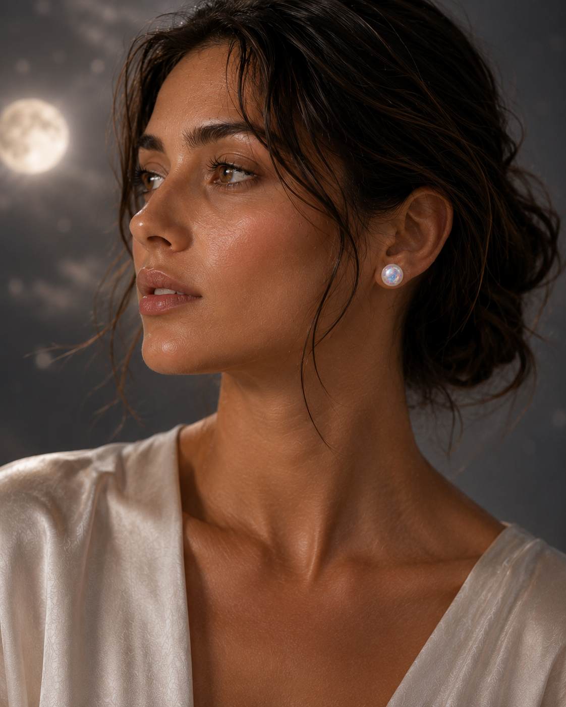 A woman in profile wearing a small white pearl stud earring, with dark hair and a satin robe against a moody night-sky background with a moon.