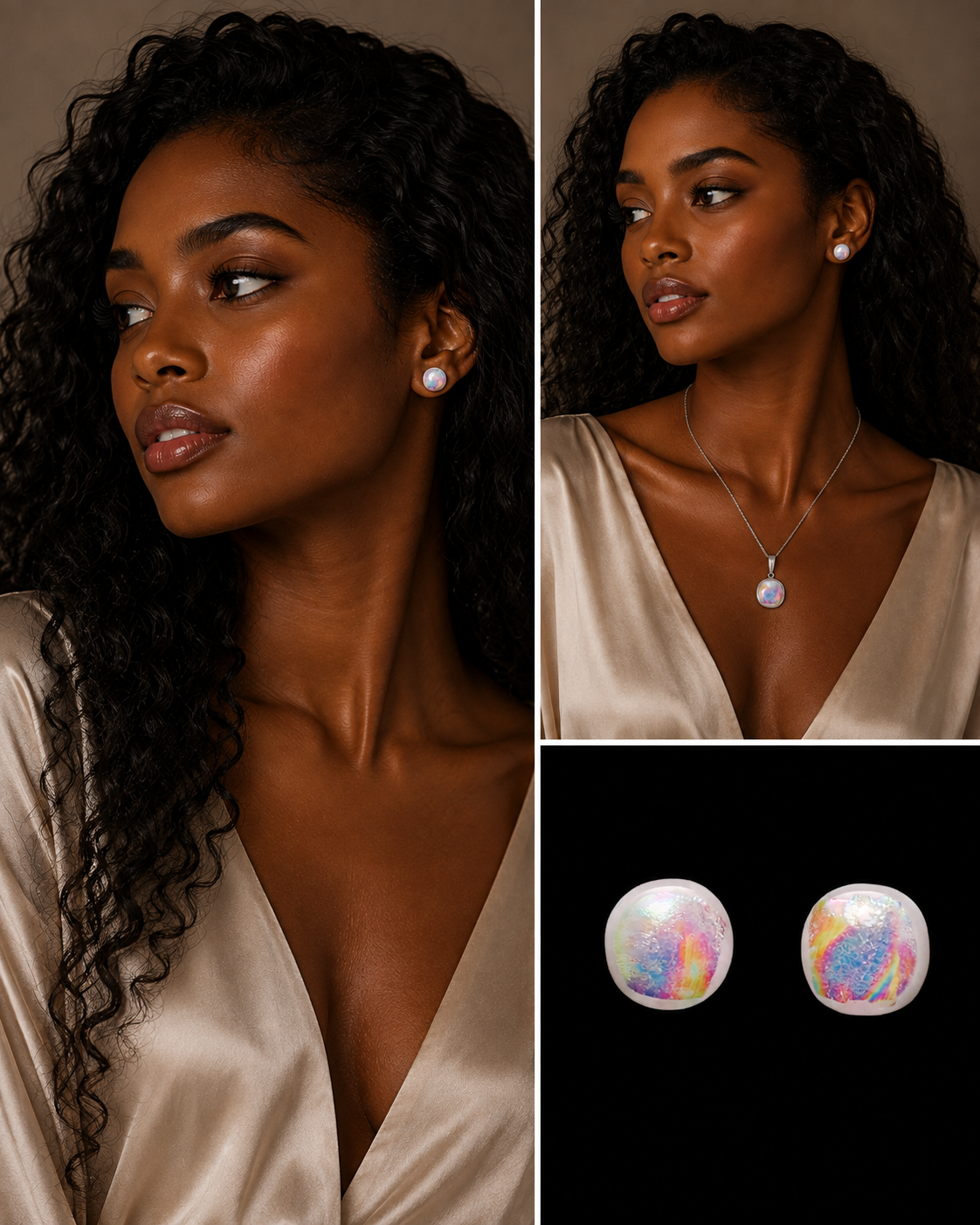 A three-panel collage showing a woman wearing a pearl stud earring and a silver pendant necklace, alongside a close-up of two round iridescent stud earrings displayed on a black background.