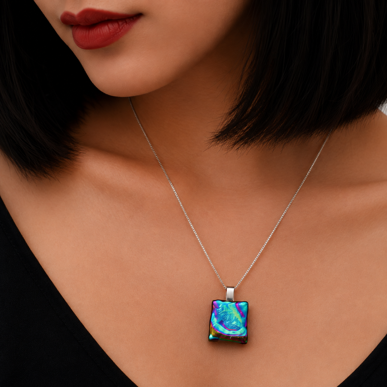 A close-up of a model wearing a silver chain necklace with a square pendant featuring a vibrant, iridescent blue and green opal-like pattern.