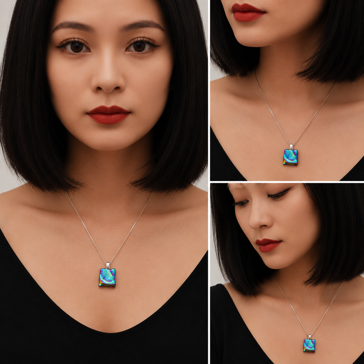 A silver necklace with a square pendant featuring a blue and green iridescent pattern, shown on a model in three close-up views against a black top.