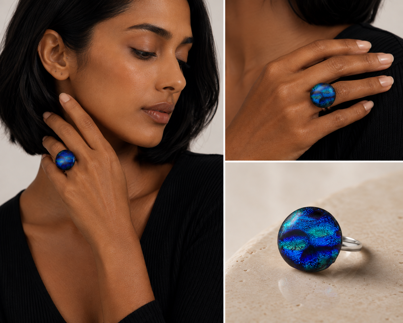 A three-panel collage showing a woman wearing a large round blue ring, a close-up of the hand wearing the ring, and the ring alone on a light stone surface. The ring has a vivid marbled blue and green iridescent appearance with a silver band.