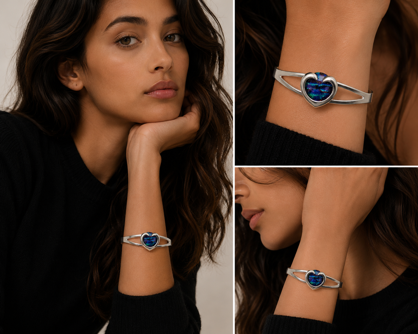 A silver-toned bangle bracelet with a heart-shaped blue stone, shown worn on a model's wrist in a three-panel collage.