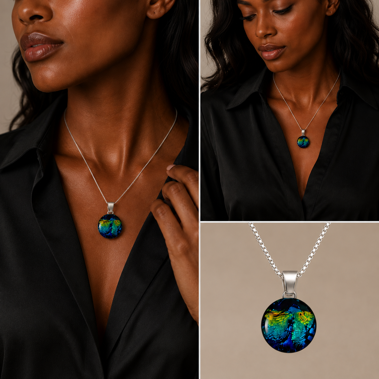 A silver necklace with a round pendant featuring a colorful, textured globe design in blue, green, and yellow, shown on a model wearing a black shirt and in a close-up product view against a beige background.