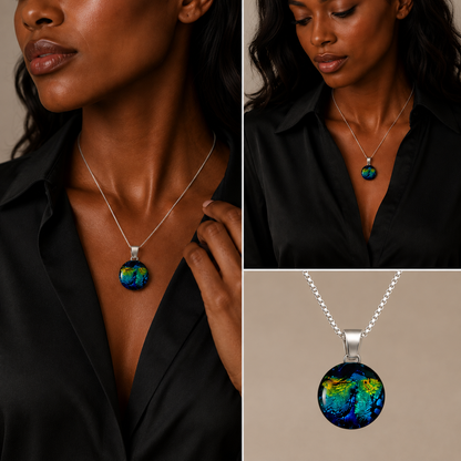 A silver necklace with a round pendant featuring a colorful, textured globe design in blue, green, and yellow, shown on a model wearing a black shirt and in a close-up product view against a beige background.