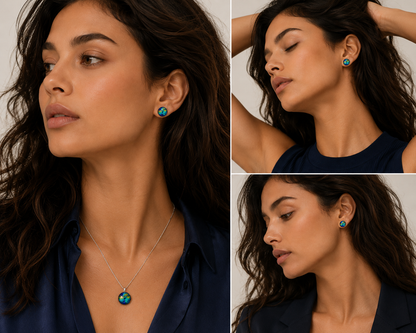 A three-panel collage showing a woman modeling jewelry: a silver pendant necklace with a round blue and green stone, matching stud earrings, and a delicate silver chain. The woman has long dark wavy hair and wears a navy satin shirt.