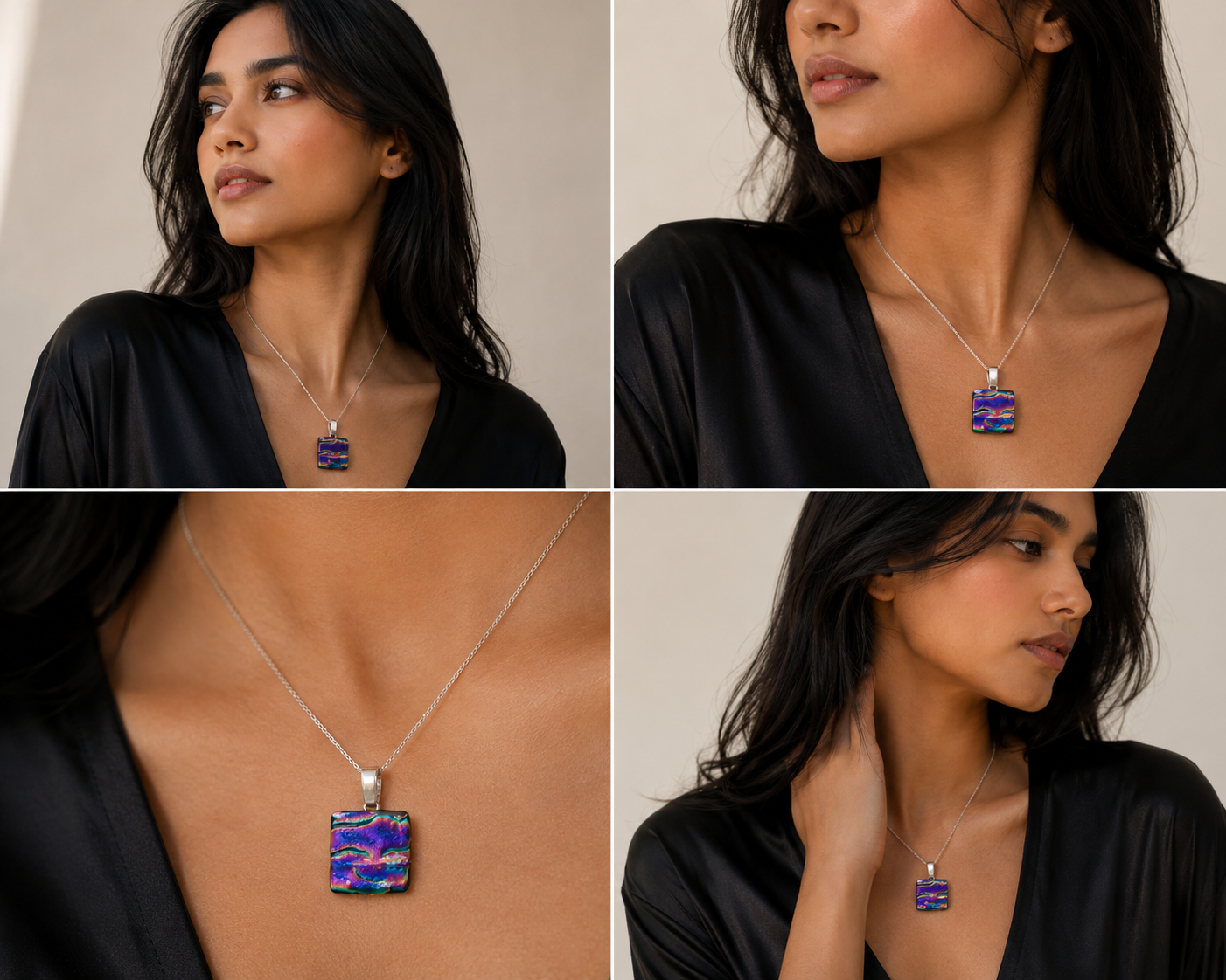 A four-panel collage showing a woman wearing a silver necklace with a square pendant featuring a marbled purple, blue, and white pattern, against a light beige background.