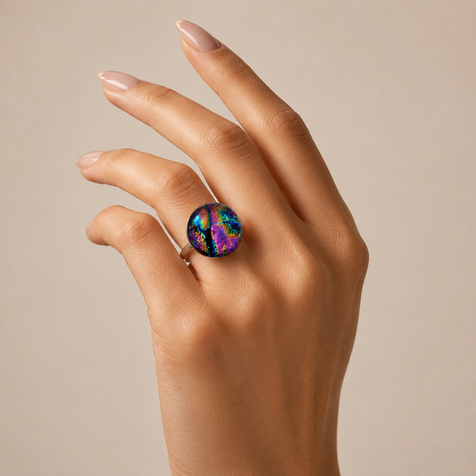 A close-up of a hand wearing a round iridescent ring with a multicolor opal-like pattern in blue, purple, green, and pink on a beige background.
