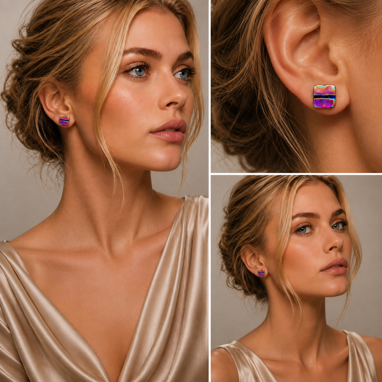A three-panel collage showing a woman wearing small rectangular stud earrings. The left panel shows her in a champagne satin dress against a soft taupe background.