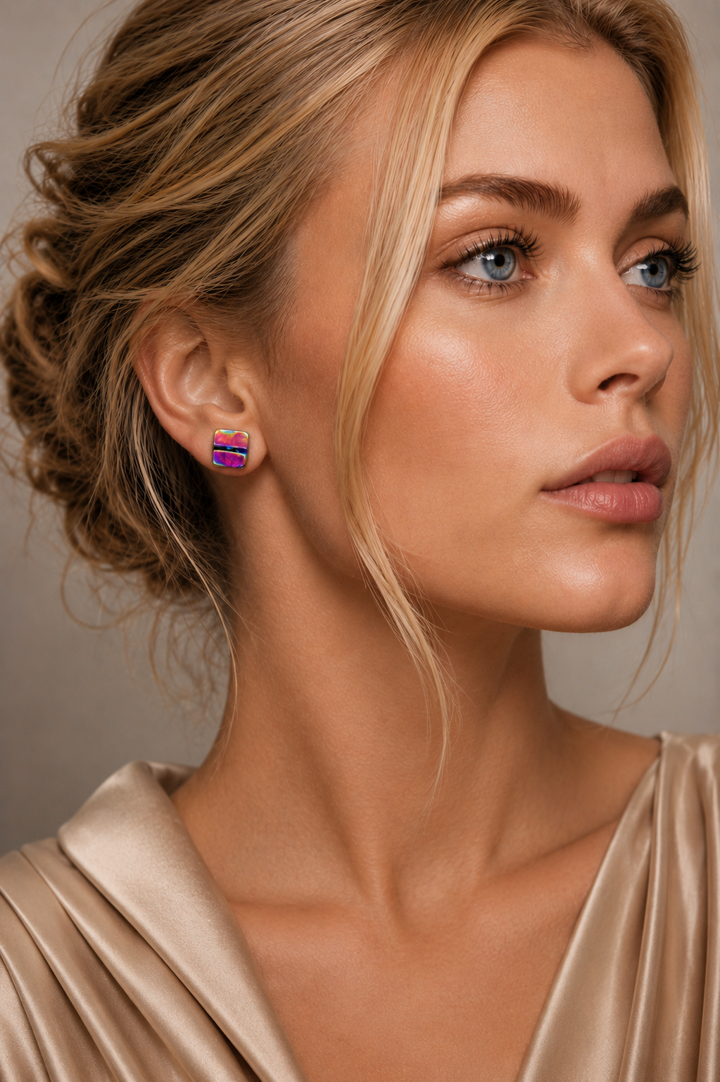A close-up of a woman with blonde hair in an updo wearing a small rectangular stud earring with a pink and purple striped pattern, paired with a champagne-colored satin top.