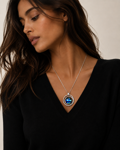A woman wearing a silver pendant necklace with a circular blue and black iridescent center, shown in a close-up portrait against a light neutral background.
