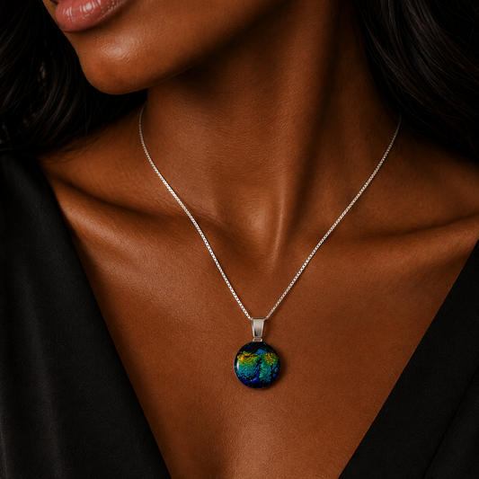 A close-up of a model wearing a silver chain necklace with a round pendant featuring a colorful, textured design resembling a globe or abstract landscape in blue, green, and gold tones.
