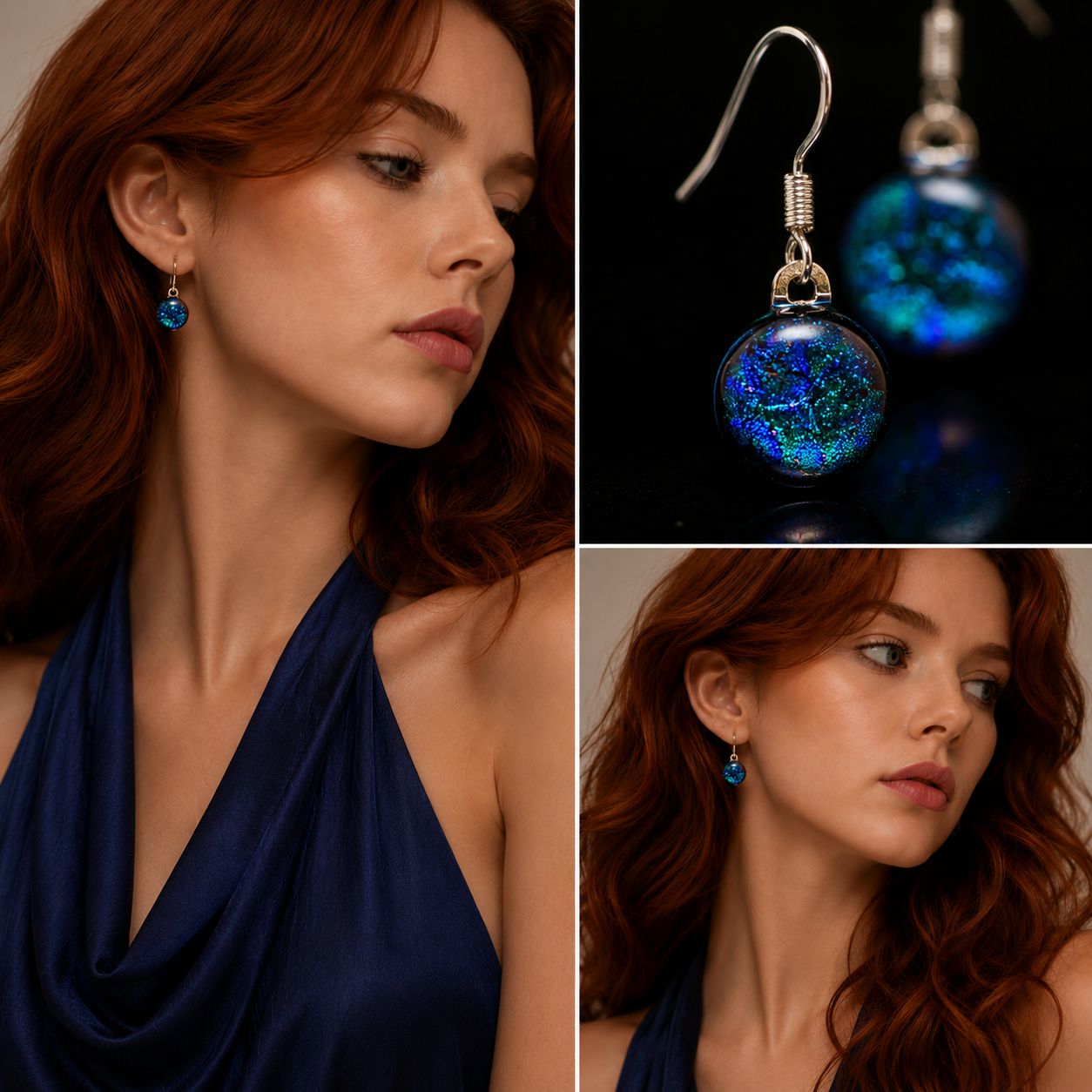 A three-panel collage showing a woman wearing small round dangling earrings, with close-up views of the earrings themselves. The earrings have silver-tone fishhook wires and spherical blue iridescent tops that shimmer with blue, green, and purple tones against a dark background.