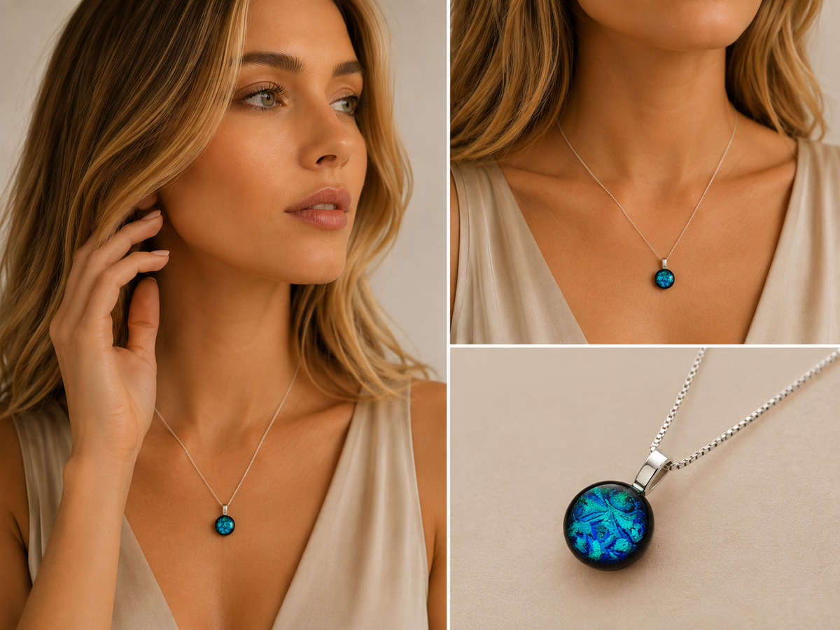 A woman models a delicate silver necklace with a round pendant featuring a vibrant blue and black marbled pattern, shown in a three-panel collage on a neutral beige background.