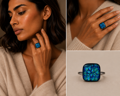 A three-panel collage showing a square ring with a vivid blue and green iridescent stone set in a dark metal band, worn on a model's finger and shown close-up on the hand, plus a clean product-only view of the ring on a neutral background.