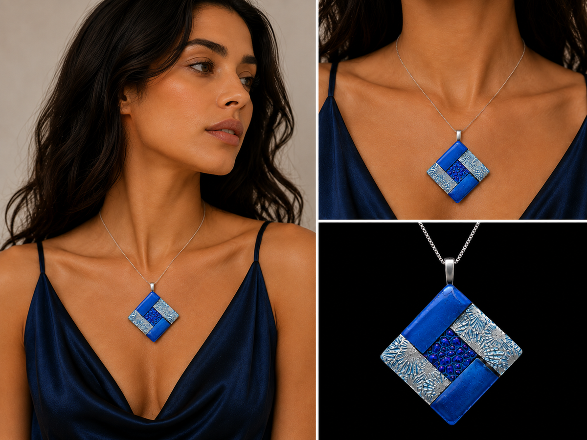 A woman wearing a geometric pendant necklace with blue and silver patterned tiles on a silver chain. The image is a three-panel collage showing a full-body view, a close-up of the necklace on the chest, and a clean product shot against a black background.