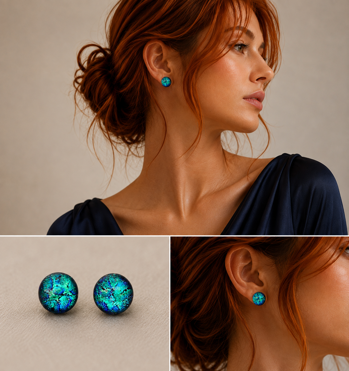 Three-panel product photo showing a pair of round stud earrings with iridescent blue-green opalescent centers and dark settings, worn by a woman and shown close-up on the ear plus a flat product view on a neutral background.
