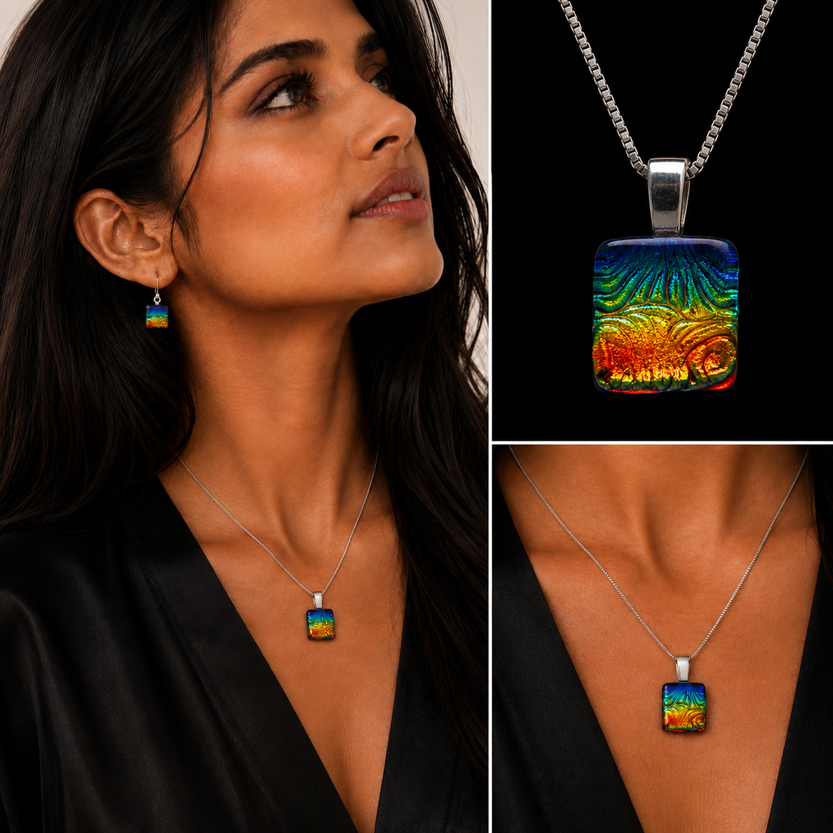 A woman wearing a silver necklace with a square pendant featuring a vivid abstract landscape design in blue, green, yellow, orange, and red. The collage includes close-up views of the pendant on a black background and the necklace worn on the model's neck.