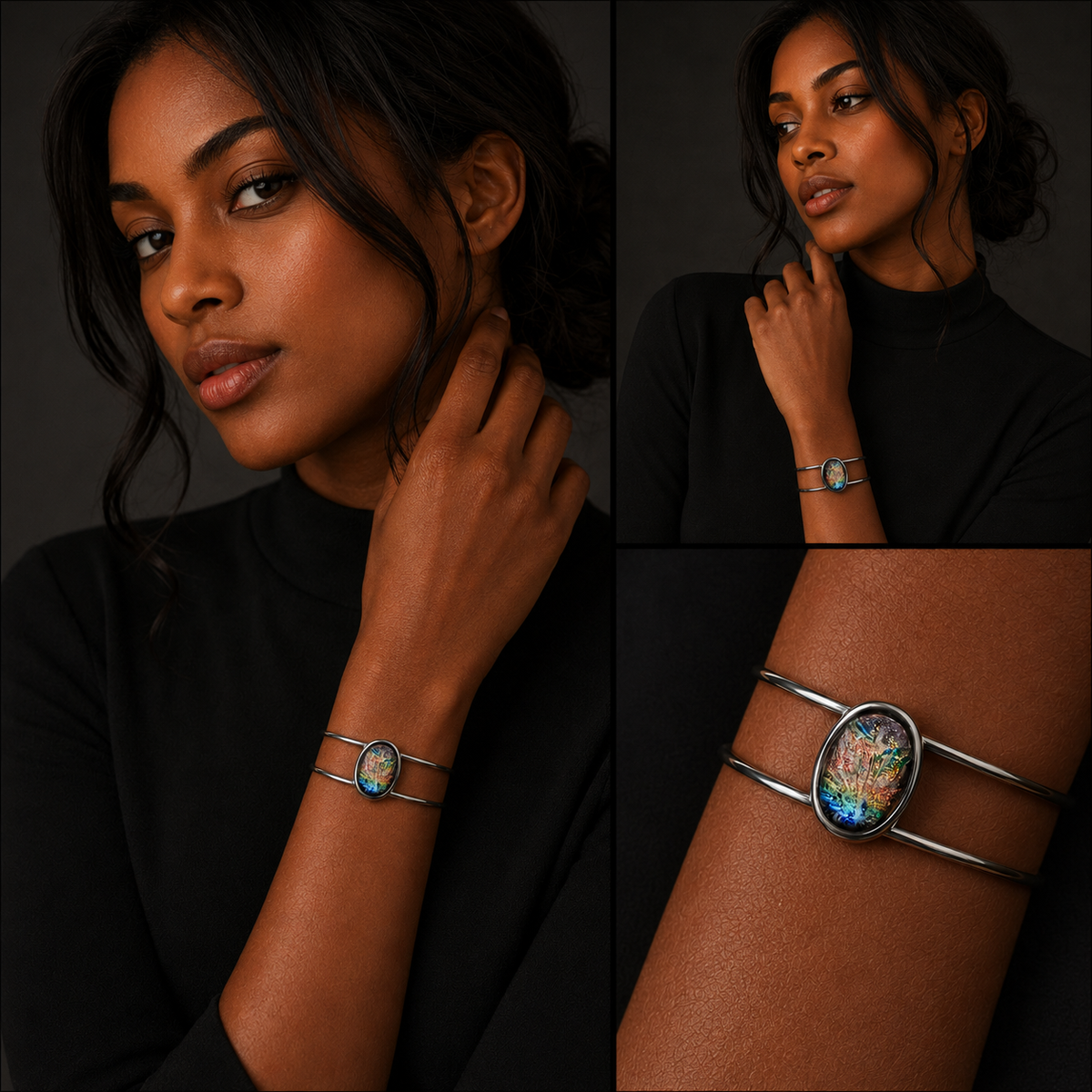 A silver-toned double-band cuff bracelet with an oval multicolor inlay, shown worn on a model's wrist in a three-panel collage. The panels include a close-up of the model, a full-body view, and a detailed close-up of the bracelet.