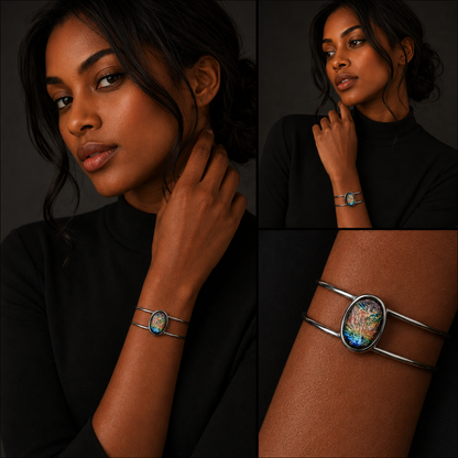 A silver-toned double-band cuff bracelet with an oval multicolor inlay, shown worn on a model's wrist in a three-panel collage. The panels include a close-up of the model, a full-body view, and a detailed close-up of the bracelet.