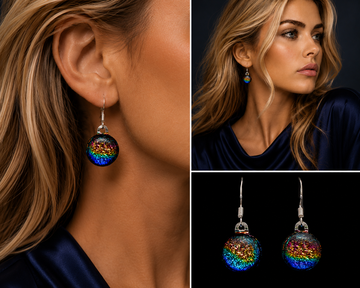 A three-panel collage showing a woman wearing a dangling glass drop earring, a close-up of the earring on her ear, and a pair of the earring displayed against a black background. The earring has a silver-toned metal hook and a clear glass orb filled with colorful metallic glitter that reflects blue, gold, green, and orange.