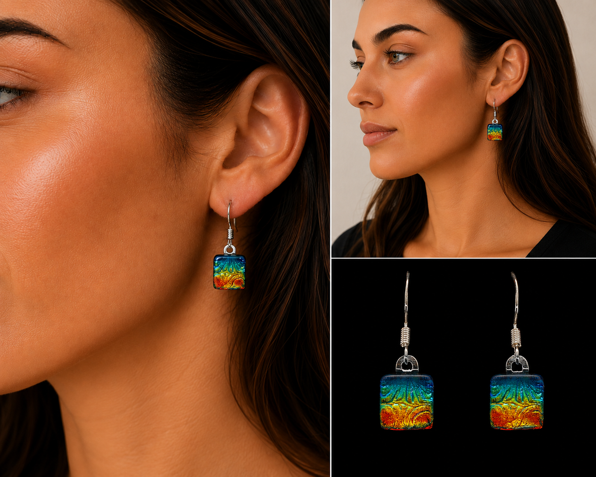 A collage showing a woman wearing colorful square drop earrings, with close-up views of the earring on her ear and a pair of the earrings displayed against a black background. The earrings have a vivid multicolor design with blue, green, yellow, and orange tones.