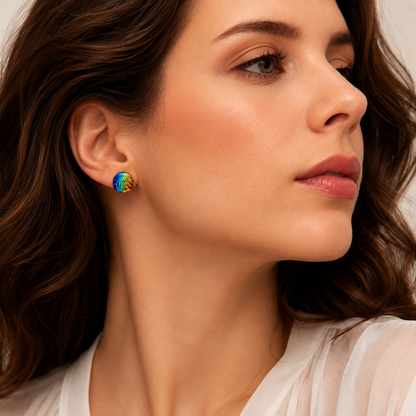 A close-up of a woman wearing a small round stud earring with a colorful, marbled pattern in blue, green, yellow, and orange.