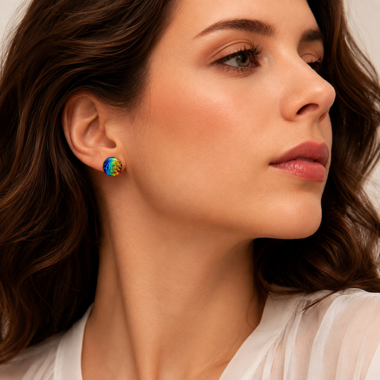 A close-up of a woman wearing a small round stud earring with a colorful, marbled pattern in blue, green, yellow, and orange.