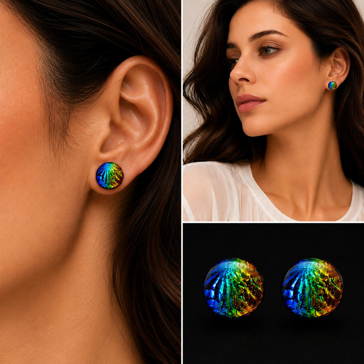 A collage showing a woman wearing a round iridescent stud earring, a close-up of the earring on her ear, and the pair of earrings displayed against a black background. The earring has a rainbow, oil-slick-like reflective pattern with blue, green, yellow, and orange tones.