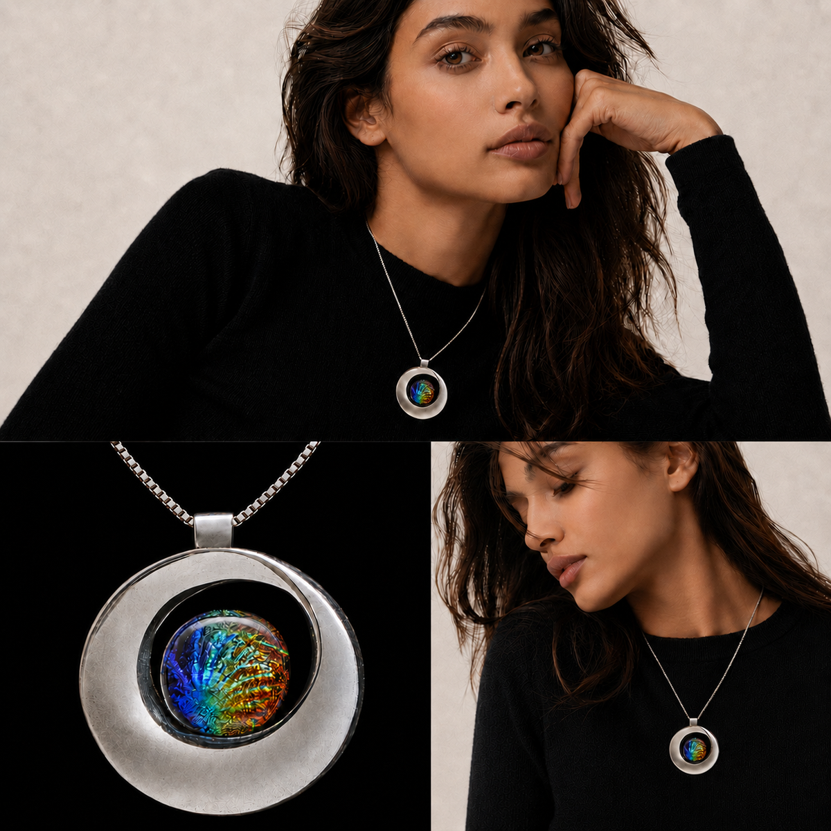 A silver circular pendant necklace with a colorful, swirling iridescent center, shown worn by a model in a black top and featured in a close-up detail shot against a dark background.