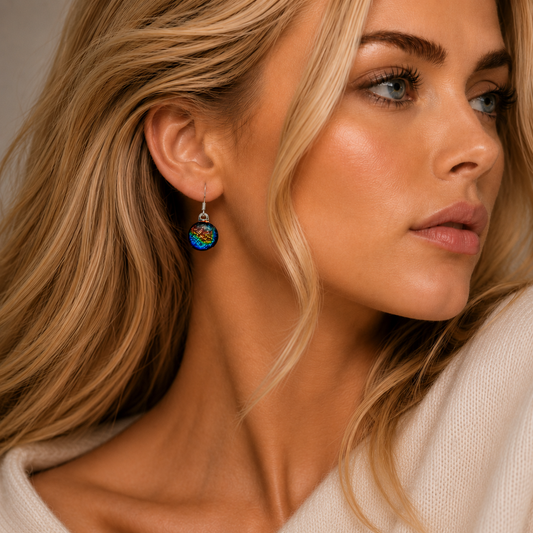 A close-up of a blonde woman wearing a small round dangling earring with a colorful, textured design resembling a miniature landscape or gemstone.